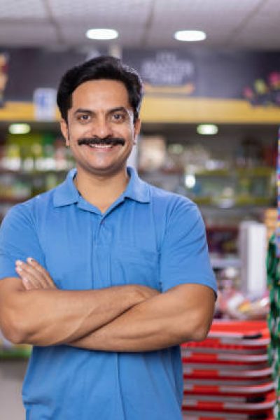 Happy indian man at supermarket store